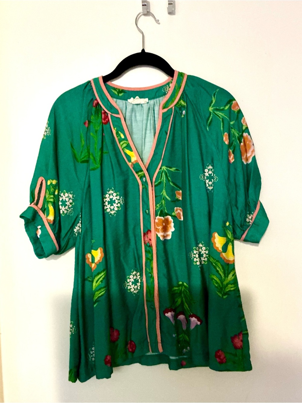 Umgee Teal Green Floral V-Neck Tunic with Pink Trim